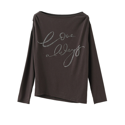 popchrio烫钻一字领斜肩长袖T恤