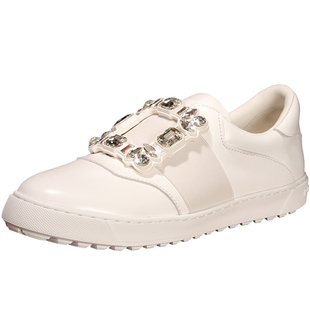 水钻方扣休闲小白鞋女春夏真皮一脚蹬懒人鞋白色乐福鞋高尔夫球鞋