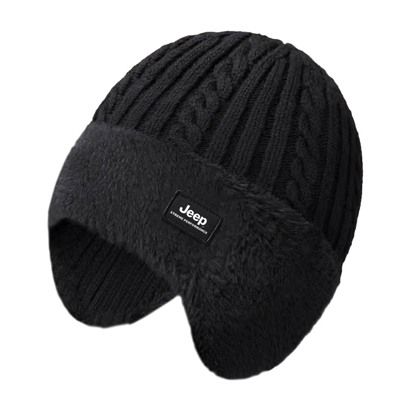 jeep吉普中老年冬季毛线帽加绒保暖户外防寒围脖针织护耳帽子男款