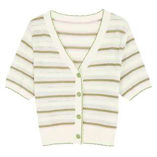 三彩ibudu2025夏季新款镂空条纹针织衫V领毛衫短款轻薄开衫短袖女