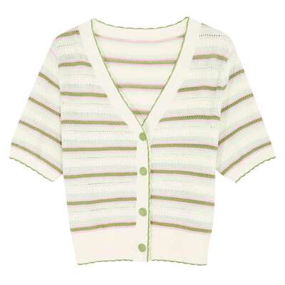 镂空条纹针织衫V领毛衫短款