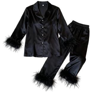 轻奢可拆卸羽毛冰雪丝睡衣女高级感醋酸绸缎可外穿长款套装家居服