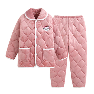 睡衣女冬季三层加厚夹棉睡衣女珊瑚绒法兰绒秋冬天保暖家居服棉袄