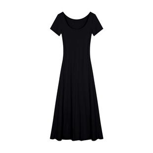 alex stevens气质纯色修身短袖连衣裙女秋夏季垂感中长款大摆裙子