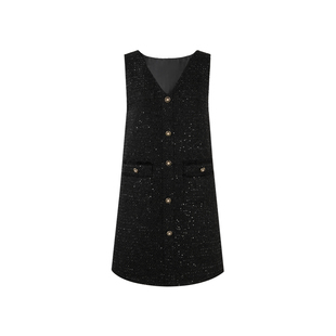 秋水伊人小香风黑色连衣裙2025秋新款老钱风女装无袖V领背心裙