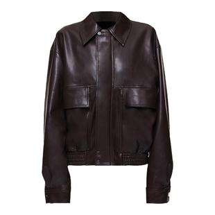 EMPTY PAGE咖啡色PU皮衣拉链宽松皮夹克女加厚街头百搭水洗皮外套