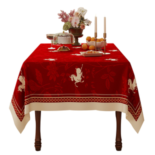 高级感新年红色餐桌布手绘花轻奢棉麻防水茶几台面保护盖布台布