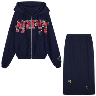 落落狷介 2026超火穿搭一整套韩系冷淡两件套针织套装裙连帽卫衣