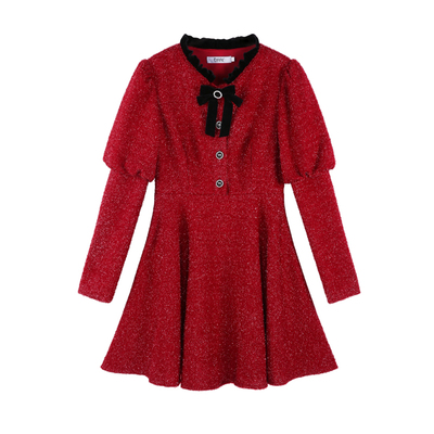 法式红色亮丝长袖连衣裙女春秋季