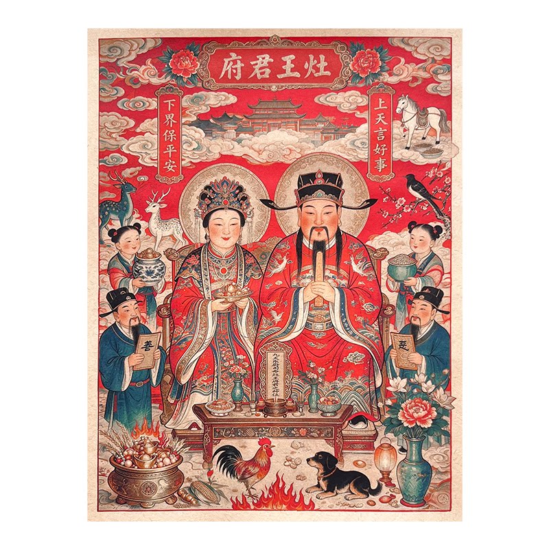 小年灶神灶王爷贴画厨房贴纸2026新款灶台年画灶君灶王奶奶神像画