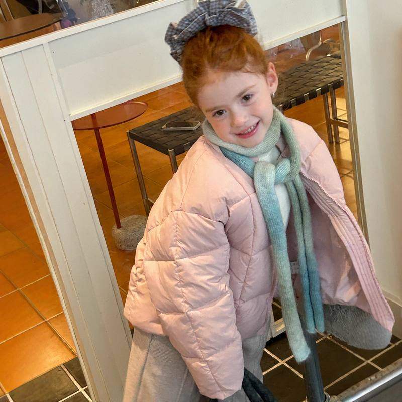 2025冬季女童新款糖果色无领短款高级设计感绗线拉链棉服外套冬装