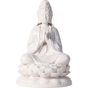 德化白瓷观音佛像摆件供奉家用双手合十观世音菩萨坐莲陶瓷工艺品