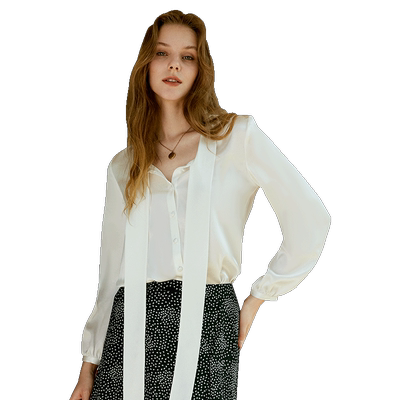 100%桑蚕丝法式飘带领通勤白衬衫