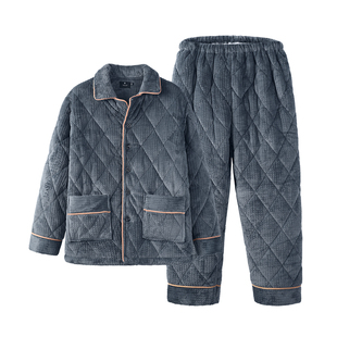 大码男士珊瑚绒睡衣男款三层夹棉加绒加厚冬保暖家居服套装可外穿