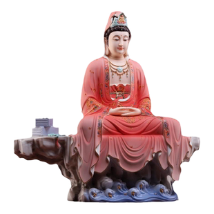 戴玉堂陶瓷摆件《静思观音红衣彩》佛像家用供奉观世音菩萨工艺品