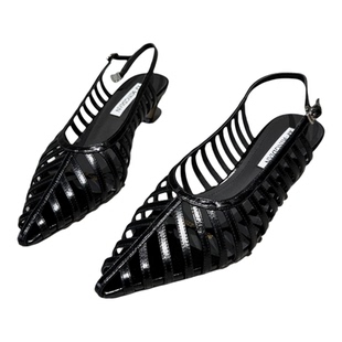 欧洲站女鞋2026春夏新款欧货真皮尖头镂空罗马凉鞋低跟一字扣单鞋