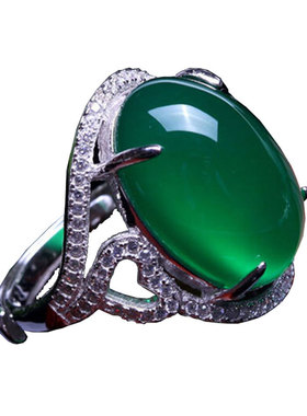 欧美复古纯银镶钻绿玉髓宝玉石高贵时尚开口女款祖母绿宝石戒指环