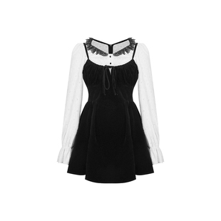 安妮不火 千金风灯芯绒蕾丝花边领连衣裙女微胖大码气质收腰裙子