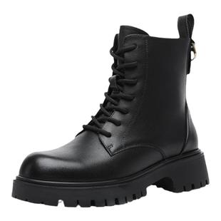 金利来厚底马丁靴女秋冬加绒保暖女靴百搭休闲皮靴真皮黑色短靴女