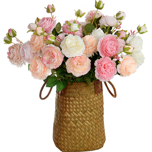仿真玫瑰花西洋牡丹花篮家居装饰绢花人造花假花束客厅餐桌摆件