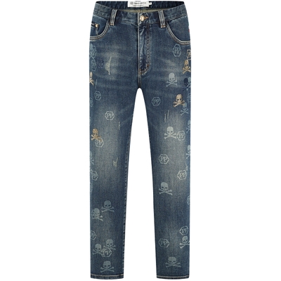 PP意大利轻奢男装2025春季新款商务水洗牛仔裤骷髅头字母印花长裤