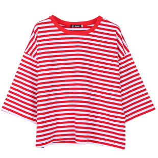 2026春夏秋季韩版宽松上衣七分袖红白条纹色学生bf 宽松长袖T恤女