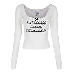 badblood美式纯欲风T恤女修身短款印花蕾丝边蝴蝶结长袖上衣春季