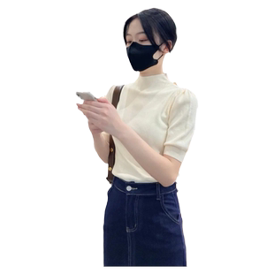 2026春季新款泡泡袖针织衫女半高领修身中袖薄款气质洋气打底上衣