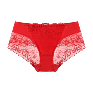 夏娃之秀2026马年本命年红色蕾丝半透速干内裤女胖mm大码中腰短裤