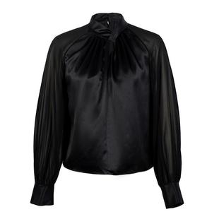 LILYSILK莉莉秀客镂空领口拼接灯笼袖衬衣黑色优雅100%真丝衬衫