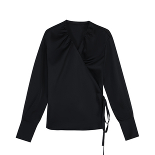 NEVA HU 维纳斯 缎面v领长袖衬衫女绑带收腰小众高级感气质上衣