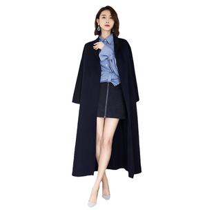 浴袍款翻领侧开叉杈秋冬加厚纯羊毛双面呢大衣女修身长款过膝