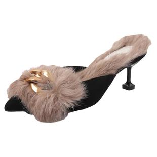 小香风毛毛鞋高跟拖鞋女外穿2023年秋冬百搭兔毛半拖尖头女神冬天