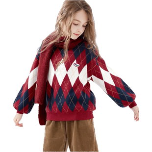 迪士尼女童毛衣拜年服大童秋冬红色连衣裙儿童上衣加绒针织衫童装