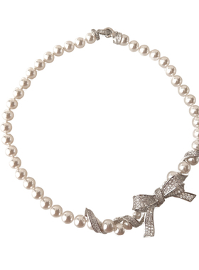 法式蝴蝶结澳白珍珠满钻项链