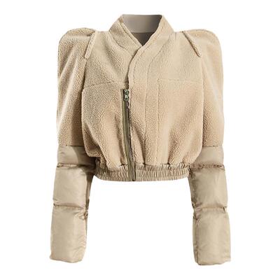 美式宽肩拉链毛绒拼接棉服短款