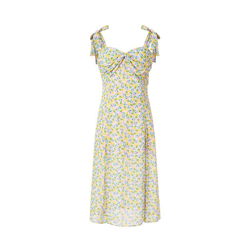 商场同款 摩萨克夏粘纤蚕丝碎花收腰抽褶吊带中长款连衣裙女