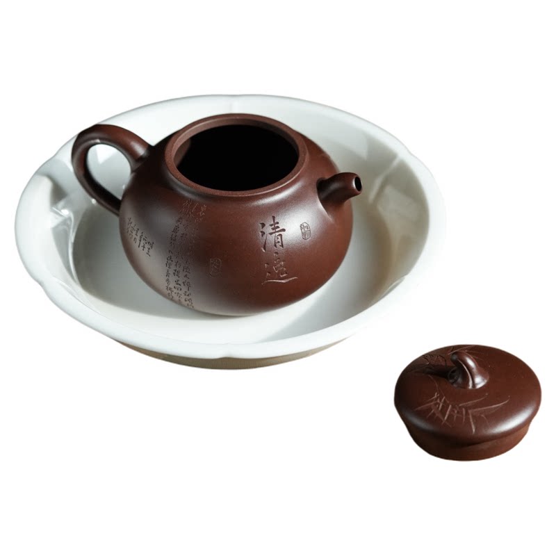 宜兴紫砂壶原矿老紫泥茄段壶 清逸诗文刻绘小品 慕古功夫泡茶壶