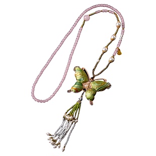 双面宋锦蝴蝶吊坠水晶挂链多色可选佛牌唐卡吊坠链汉服旗袍配链