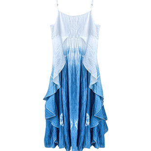 赵丽颖同款大理扎染手工植物染云南旅游飘逸抽褶文艺范吊带连衣裙