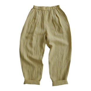 明黄格子松紧腰宽松全亚麻肌理长裤  叠穿裤 ATELIERSOMEPIECE