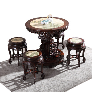 红木非洲酸枝圆茶台雕花百灵台中式云石餐桌苏作明清仿古家具