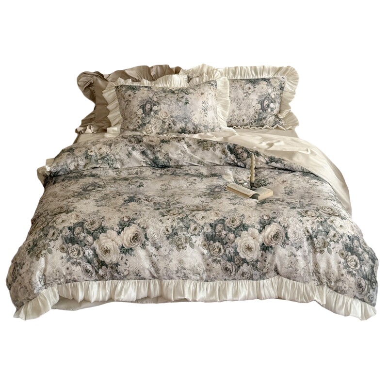 法式田园花卉全棉贡缎长绒棉四件套夏凉被空调被纯棉柔软蕾丝被套