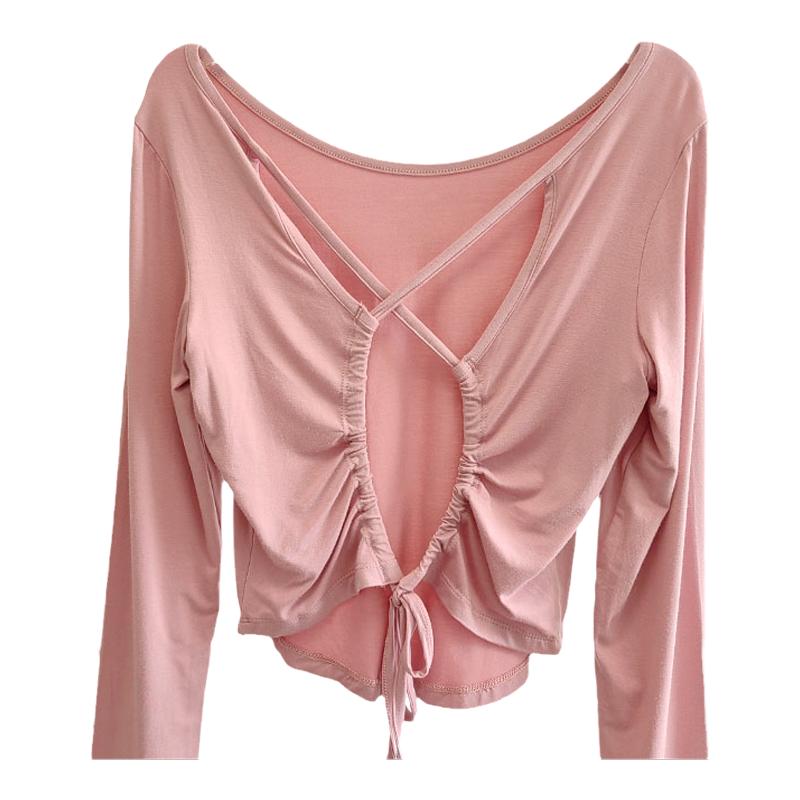 后背交叉绑带长袖瑜伽服上衣女 美背速干人棉纯色运动罩衫健身t恤