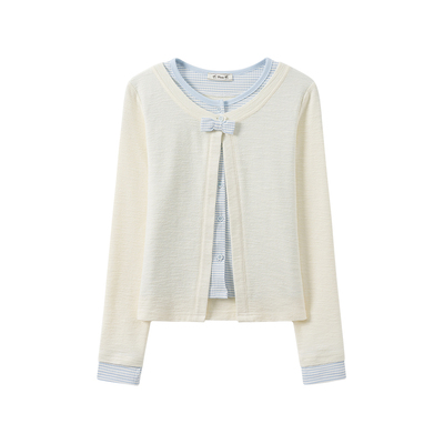 蝴蝶结条纹拼接假两件内搭长袖女