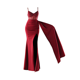 晚礼服裙女法式红色重工精致独特漂亮婚宴会高级感晚装吊带连衣裙