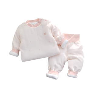 宝宝夹棉套装分体加厚纯棉高腰护肚120g肩扣套头婴幼儿棉衣棉裤冬