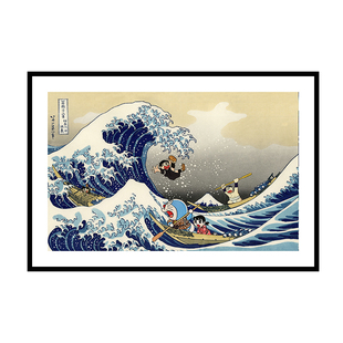 日式神奈川冲浪里挂画居酒屋餐厅装饰画浮世绘哆啦A梦儿童房壁画