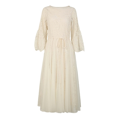 sdeer圣迪奥女装25年新品圆领绣花网纱收腰喇叭袖连衣裙S253Z1248