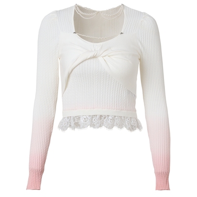 【奥莱】MAXRIENY渐变温柔粉白珠链蕾丝拼接针织衫